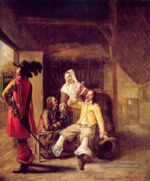 Deux soldats et une femme au service d’un trompettiste genre Pieter de Hooch Peinture à l'huile